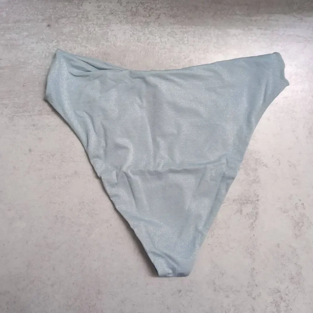 NWT L*Space Shimmer Sky Blue High-Waisted Twist Front Bikini Bottom Size L